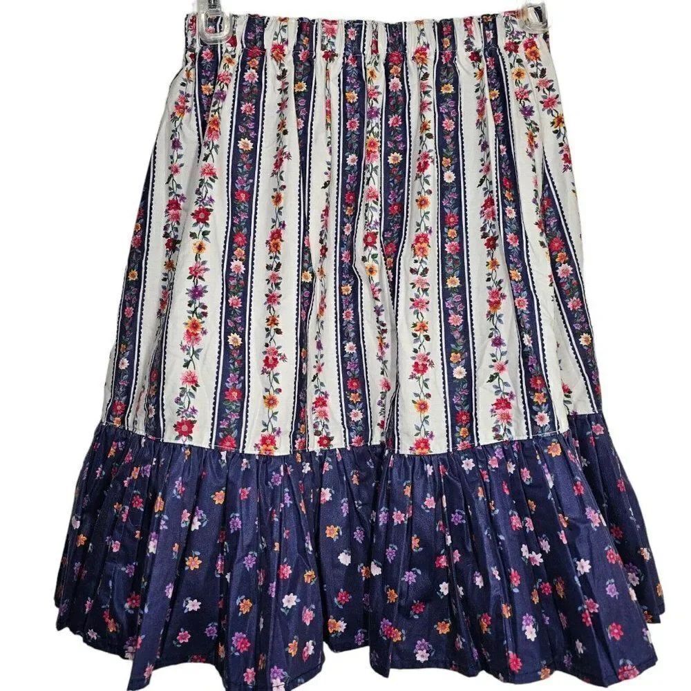 Vintage 80s Skirt Womens Size XS Blue White Floral Prairie Cottage Core
